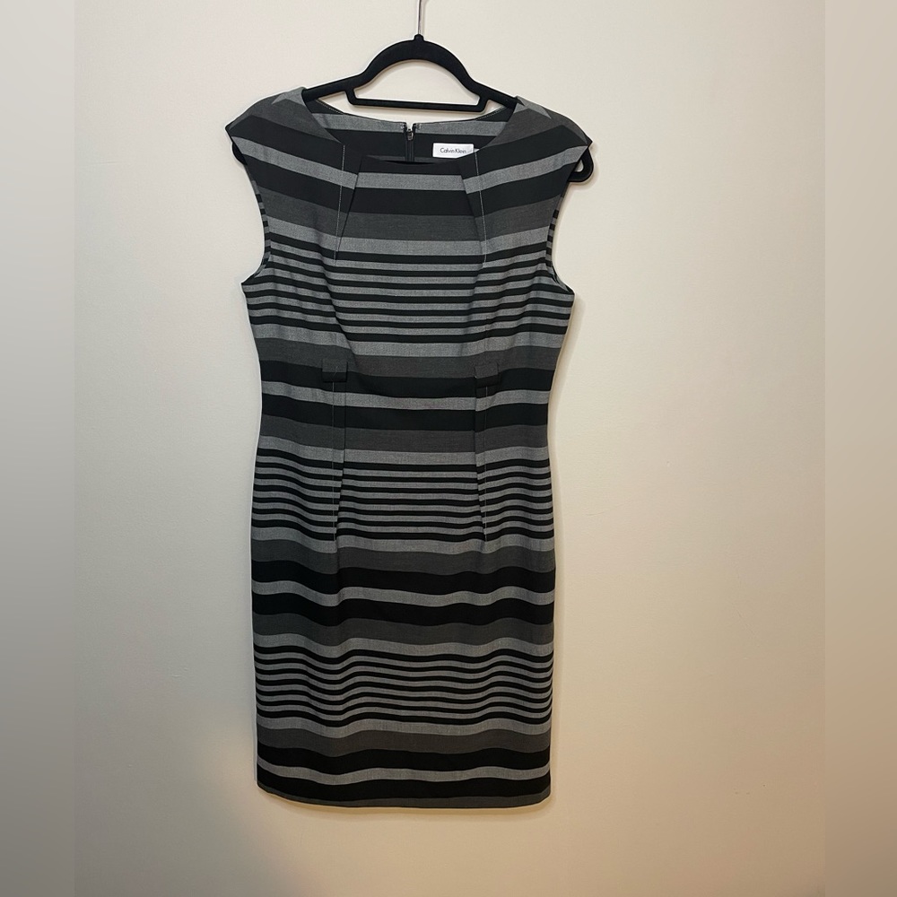 Calvin Klein Sleeveless Black & Gray Striped Pleated Sheath Modest Career Dress